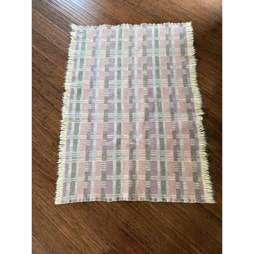 Pendleton Virgin Wool Throw Blanket Pink Purple Plaid Fringe Made in USA Vintage